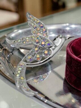 Vintage Sarah Coventry Bird of Paradise Brooch AB Rhinestone Silver Tone 1960s
